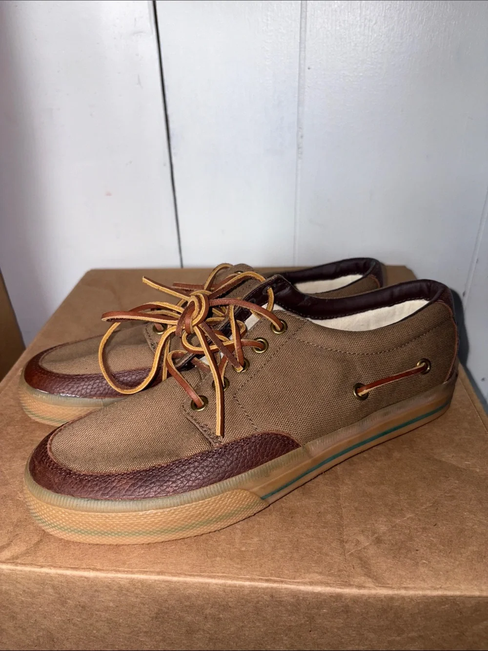 Ralph Lauren Men's Brown Canvas and Leather Boat Shoes size 7